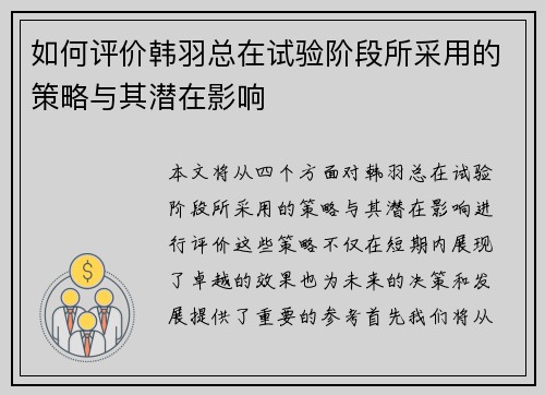 如何评价韩羽总在试验阶段所采用的策略与其潜在影响