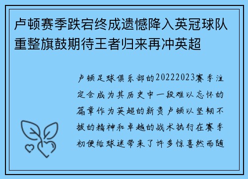 卢顿赛季跌宕终成遗憾降入英冠球队重整旗鼓期待王者归来再冲英超